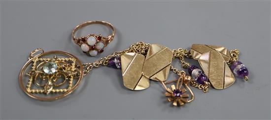 A pair of 9ct engraved gold cufflinks and four other 9ct gold items